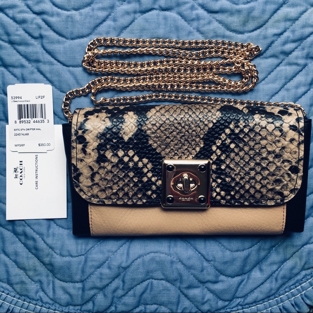 Coach Snake-Print & Beige Leather Chain Crossbody